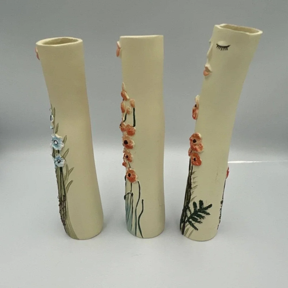 Set of 3 Modern Floral Face Vases, Cream Orange Blue Green, Matte Finish